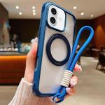 For iPhone 16 Solid Color Edge Transparency Rotation Holder MagSafe Phone Case with Wrist Strap(Royal Blue)
