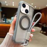 For iPhone 14 Plus / 15 Plus Solid Color Edge Transparency Rotation Holder MagSafe Phone Case with Wrist Strap(Grey)