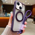 For iPhone 15 / 14 / 13 Solid Color Edge Transparency Rotation Holder MagSafe Phone Case with Wrist Strap(Dark Purple)