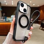 For iPhone 15 / 14 / 13 Solid Color Edge Transparency Rotation Holder MagSafe Phone Case with Wrist Strap(Black)