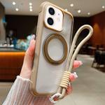For iPhone 12 / 12 Pro Solid Color Edge Transparency Rotation Holder MagSafe Phone Case with Wrist Strap(Brown)
