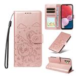 For Samsung Galaxy A13 4G / 5G Embossed Heart Dog RFID Blocking Wallet Leather Phone Case(Rose Gold)