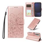 For Samsung Galaxy S24 FE 5G Embossed Heart Dog RFID Blocking Wallet Leather Phone Case(Rose Gold)
