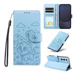 For Samsung Galaxy S24 FE 5G Embossed Heart Dog RFID Blocking Wallet Leather Phone Case(Sky Blue)