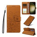 For Samsung Galaxy S23 Ultra 5G Embossed Heart Dog RFID Blocking Wallet Leather Phone Case(Brown)
