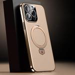 For iPhone 14 Pro Max Plain Leather MagSafe Holder Phone Case(Gold)