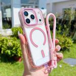 For iPhone 17 Pro MagSafe Magnetic Clear Phone Case with Wrist Strap(Pink)
