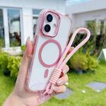 For iPhone 17 MagSafe Magnetic Clear Phone Case with Wrist Strap(Pink)