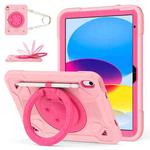 For iPad 2025 / 2022 Space Planet Ring Holder Silicone Hydric PC Tablet Case with Shoulder Strap(Pink Rose Red)