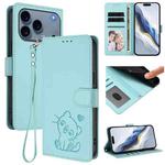 For iPhone 17 Pro Max Embossed Heart Cat Leather Phone Case with Strap(Mint Green)