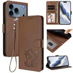 For iPhone 17 Pro Max Embossed Heart Cat Leather Phone Case with Strap(Brown)