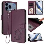 For iPhone 17 Pro Embossed Heart Cat Leather Phone Case with Strap(Dark Purple)
