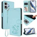 For iPhone 17 Embossed Heart Cat Leather Phone Case with Strap(Mint Green)