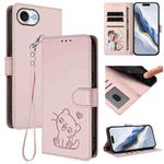 For iPhone 16e Embossed Heart Cat Leather Phone Case with Hand Strap(Pink)