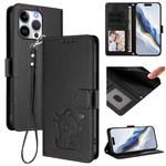 For iPhone 16 Pro Max Embossed Heart Cat Leather Phone Case with Hand Strap(Black)
