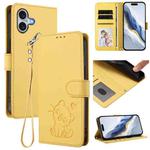 For iPhone 16 Embossed Heart Cat Leather Phone Case with Hand Strap(Yellow)