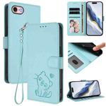 For iPhone 7 / 8 / SE 2022 Embossed Heart Cat Leather Phone Case with Strap(Mint Green)