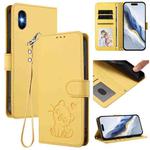 For iPhone X / XS Embossed Heart Cat Leather Phone Case with Strap(Yellow)