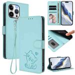 For iPhone 13 Pro Max Embossed Heart Cat Leather Phone Case with Strap(Mint Green)
