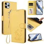 For iPhone 11 Pro Max Embossed Heart Cat Leather Phone Case with Hand Strap(Yellow)