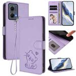 For Motorola Edge 5G 2024 Embossed Heart Cat Leather Phone Case with Strap(Light Purple)