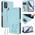 For Motorola Moto G Power 2022 Embossed Heart Cat Leather Phone Case with Strap(Mint Green)