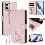 For Motorola Moto G73 5G Embossed Heart Cat Leather Phone Case with Strap(Pink)