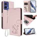 For Motorola Moto G85 5G Embossed Heart Cat Leather Phone Case with Strap(Pink)