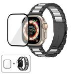 For Apple Watch Ultra 2 / 1 49mm Three Beads Stainless Steel Watch Band with 3D Curved Film(Black Silver)