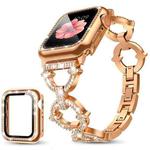 For Apple Watch Series 10 42mm xDfind O-shaped Diamond Metal Watch Band with Tempered Glass Screen Film and Case(Rose Gold)