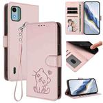For Nokia C12 Embossed Heart Cat Leather Phone Case with Strap(Pink)