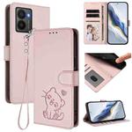 For HMD Fuison Embossed Heart Cat Leather Phone Case with Strap(Pink)