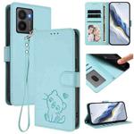 For HMD Fuison Embossed Heart Cat Leather Phone Case with Strap(Mint Green)