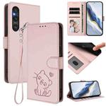 For Sony Xperia 1 V Embossed Heart Cat Leather Phone Case with Strap(Pink)
