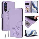 For Sony Xperia 1 V Embossed Heart Cat Leather Phone Case with Strap(Light Purple)