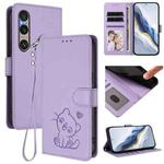 For Sony Xperia 1 VI Embossed Heart Cat Leather Phone Case with Strap(Light Purple)
