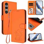 For Sony Xperia 1 VI Embossed Heart Cat Leather Phone Case with Strap(Orange)