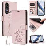 For Sony Xperia 1 VII Embossed Heart Cat Leather Phone Case with Hand Strap(Pink)