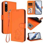 For Sony Xperia 5 IV Embossed Heart Cat Leather Phone Case with Strap(Orange)
