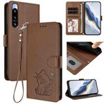 For Sony Xperia 5 IV Embossed Heart Cat Leather Phone Case with Strap(Brown)