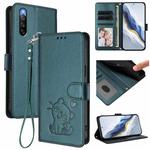 For Sony Xperia 10 IV Embossed Heart Cat Leather Phone Case with Strap(Dark Green)