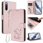 For Sony Xperia 10 V Embossed Heart Cat Leather Phone Case with Strap(Pink)