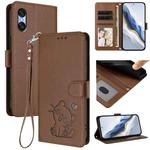For Sony Xperia 10 VI Embossed Heart Cat Leather Phone Case with Strap(Brown)
