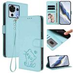 For ZTE Blade V50 Vita Embossed Heart Cat Leather Phone Case with Hand Strap(Mint Green)