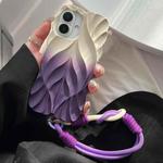 For iPhone 16 Thickened 3D Leaf Pattern Two-Color Oil-Sprayed TPU Phone Case with Strap(Purple Gold)
