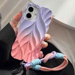 For iPhone 16 Thickened 3D Leaf Pattern Two-Color Oil-Sprayed TPU Phone Case with Strap(Purple Pink)