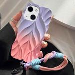 For iPhone 15 Plus Thickened 3D Leaf Pattern Two-Color Oil-Sprayed TPU Phone Case with Strap(Purple Pink)