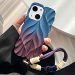 For iPhone 15 Plus Thickened 3D Leaf Pattern Two-Color Oil-Sprayed TPU Phone Case with Strap(Blue Wine Red)