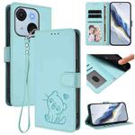 For Itel A50C Embossed Heart Cat Leather Phone Case with Hand Strap(Mint Green)