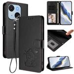 For Itel A50C Embossed Heart Cat Leather Phone Case with Hand Strap(Black)
